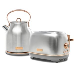 Haden Heritage 4 Slice Wide Slot Stainless Steel Toaster Bundled with 1.7 Liter Stainless Steel Electric Water Kettle, Steel & Copper