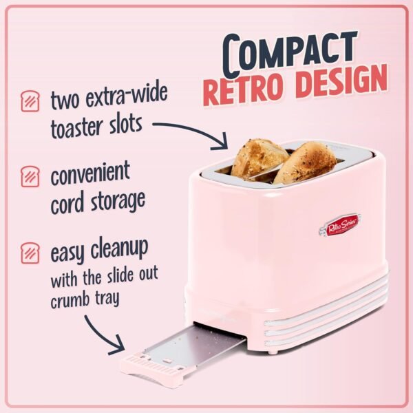 Nostalgia Retro Wide 2-Slice Toaster, Vintage Design With Crumb Tray, Cord Storage & 5 Toasting Levels, Pink