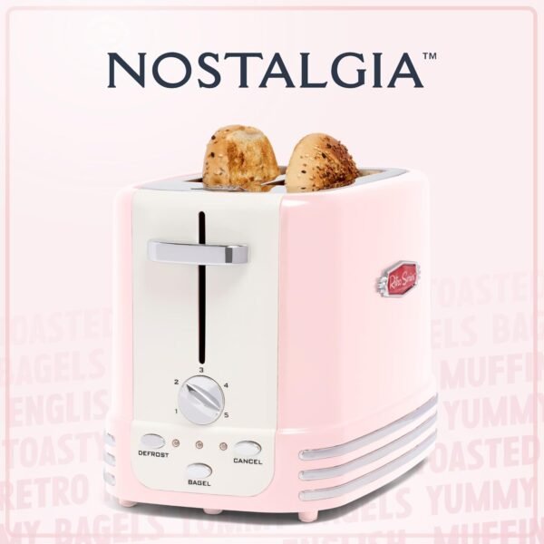 Nostalgia Retro Wide 2-Slice Toaster, Vintage Design With Crumb Tray, Cord Storage & 5 Toasting Levels, Pink