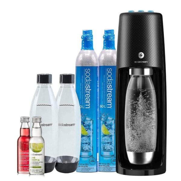 SodaStream One Touch Electric Sparkling Water Maker Bundle (Black) with CO2, BPA free Bottles, and 0 Calorie Fruit Drops Flavors