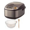 Zojirushi Micom Rice Cooker and Warmer (5.5-Cup/Stainless Brown) Bundle with Rice Washing Bowl and Bamboo Spoon (3 Items)