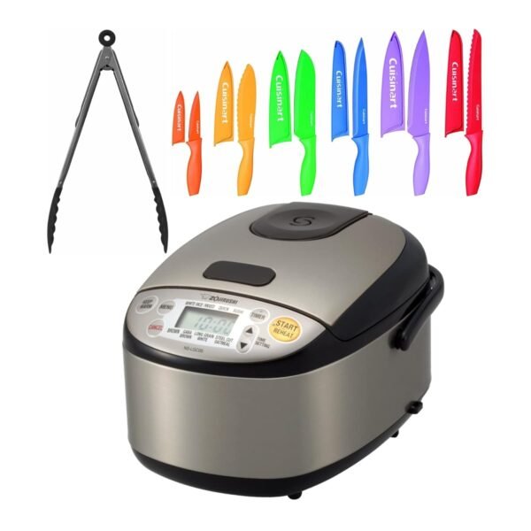 Zojirushi NS-LGC05 3-Cup Micom Rice Cooker and Warmer (Stainless Black) Bundle with Multicolor 12-Piece Knife Set and Kitchen Tongs (3 Items)
